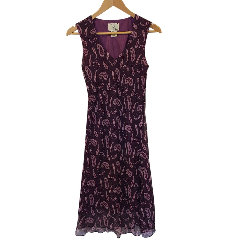 VTG 90s ICE Silk Bias Knee Length Dress Purple Paisley Boho Fairy Y2K Whimsigoth